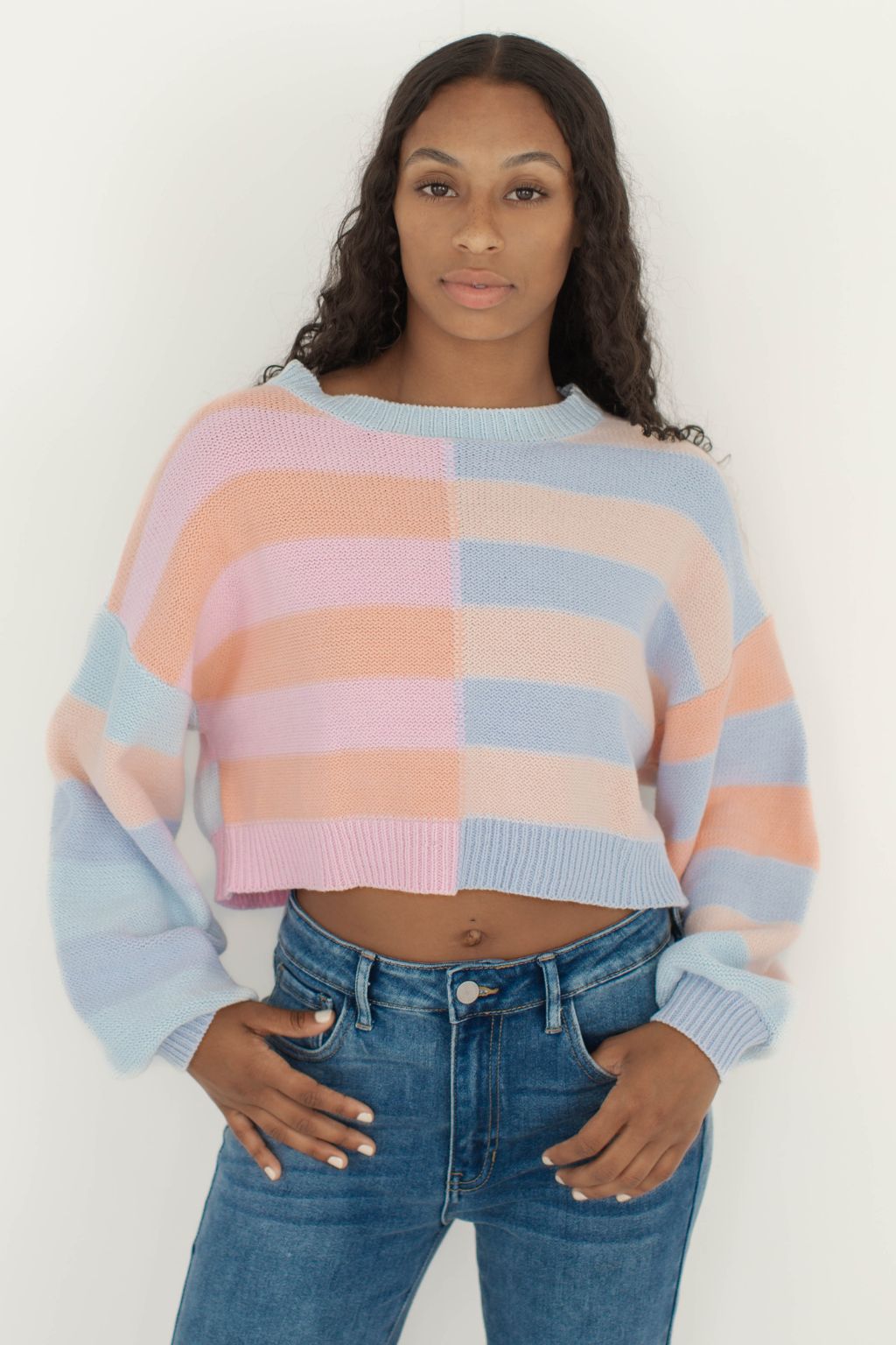 Multicolor Pastel Striped Crop Crewneck Sweater