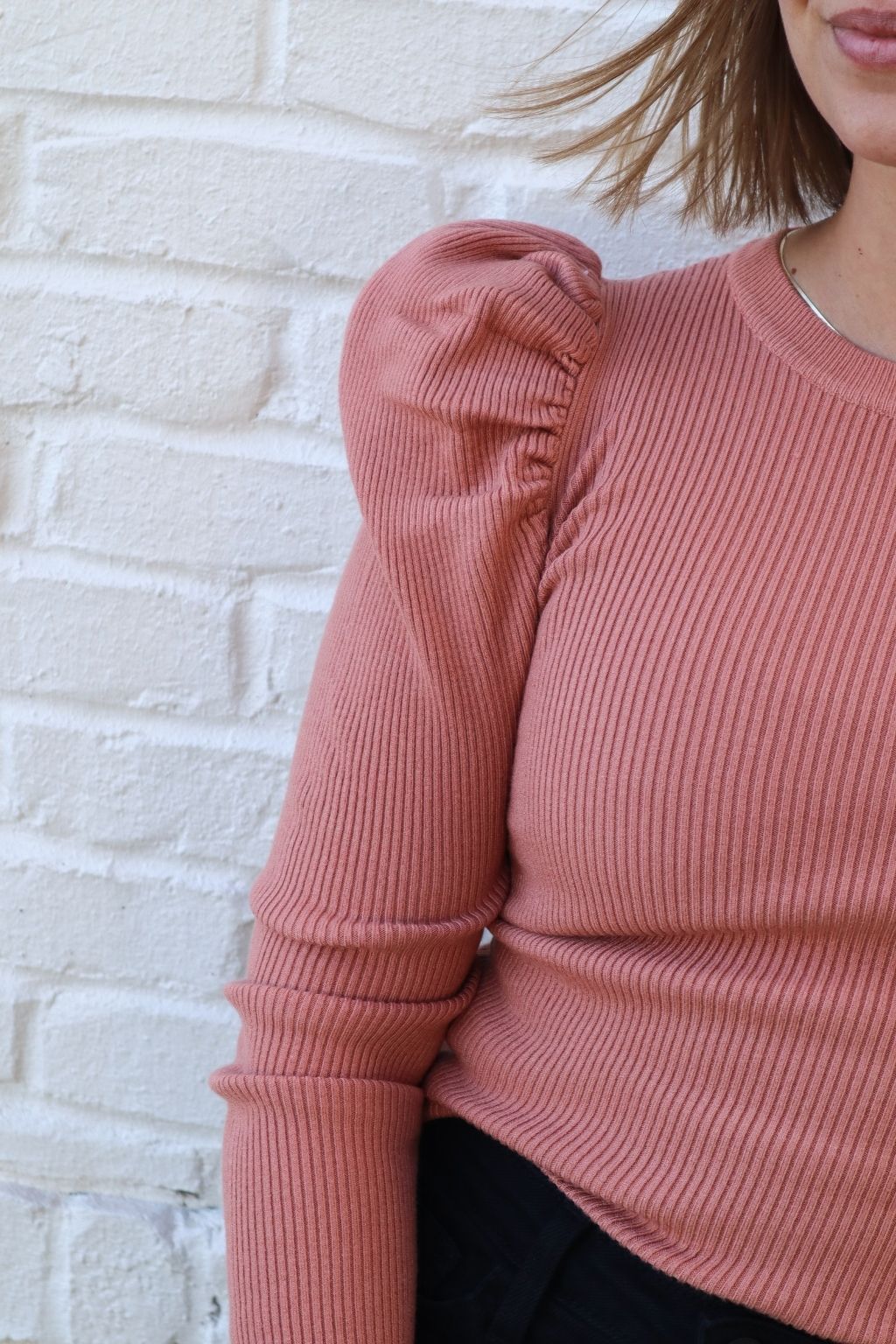Ribbed Puff Sleeve Knit Top Pink