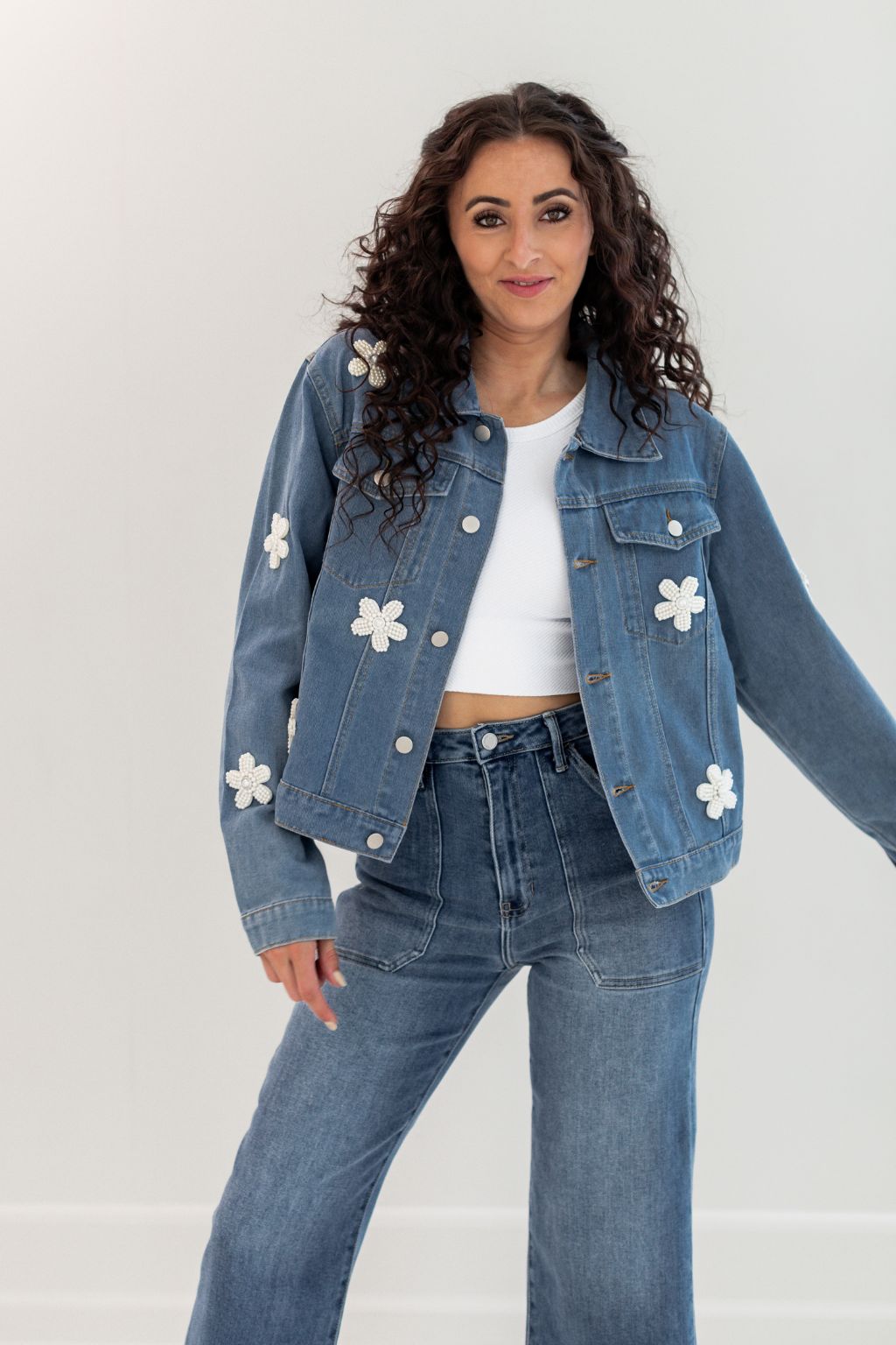 Pearl Embroidered Patch Denim Jacket