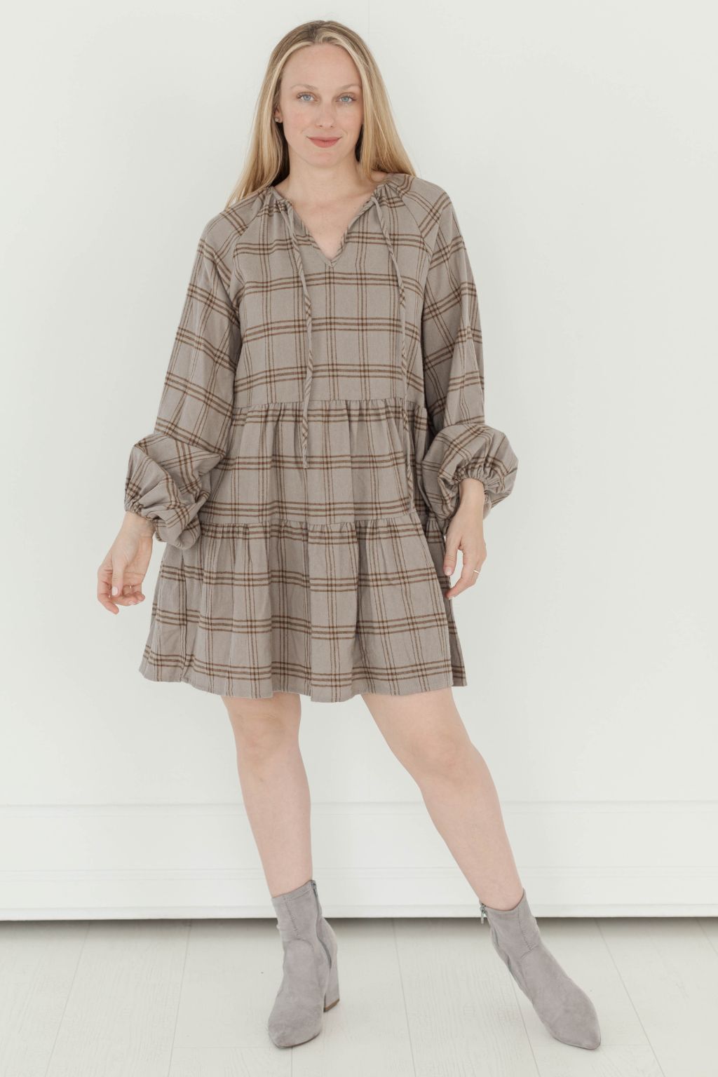 Long Sleeve Check Tiered Dress