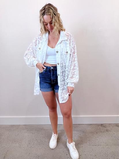 Long Sleeve Button Down Lace Shirt White