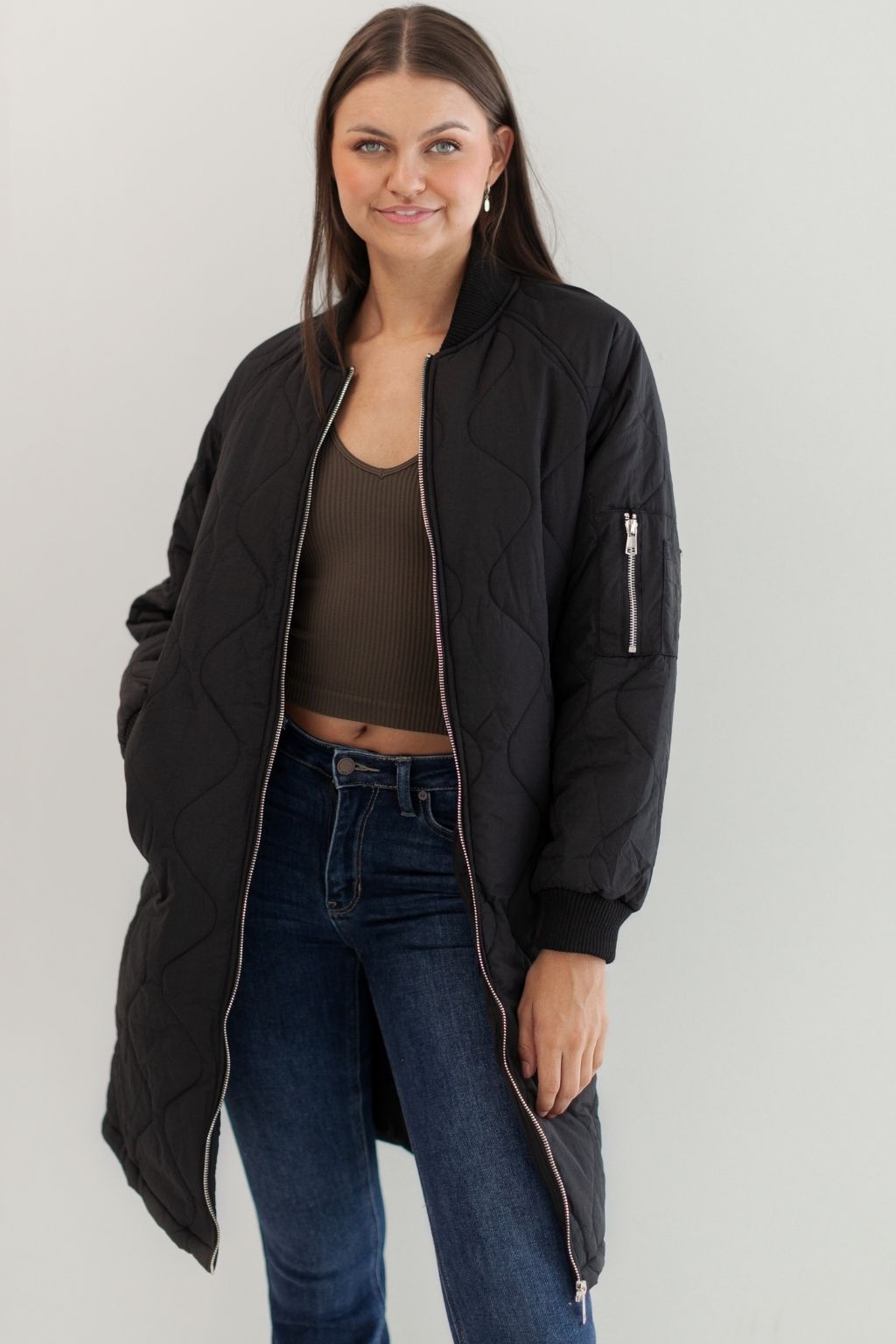 Quilted Long ZipUp Utility Jacket