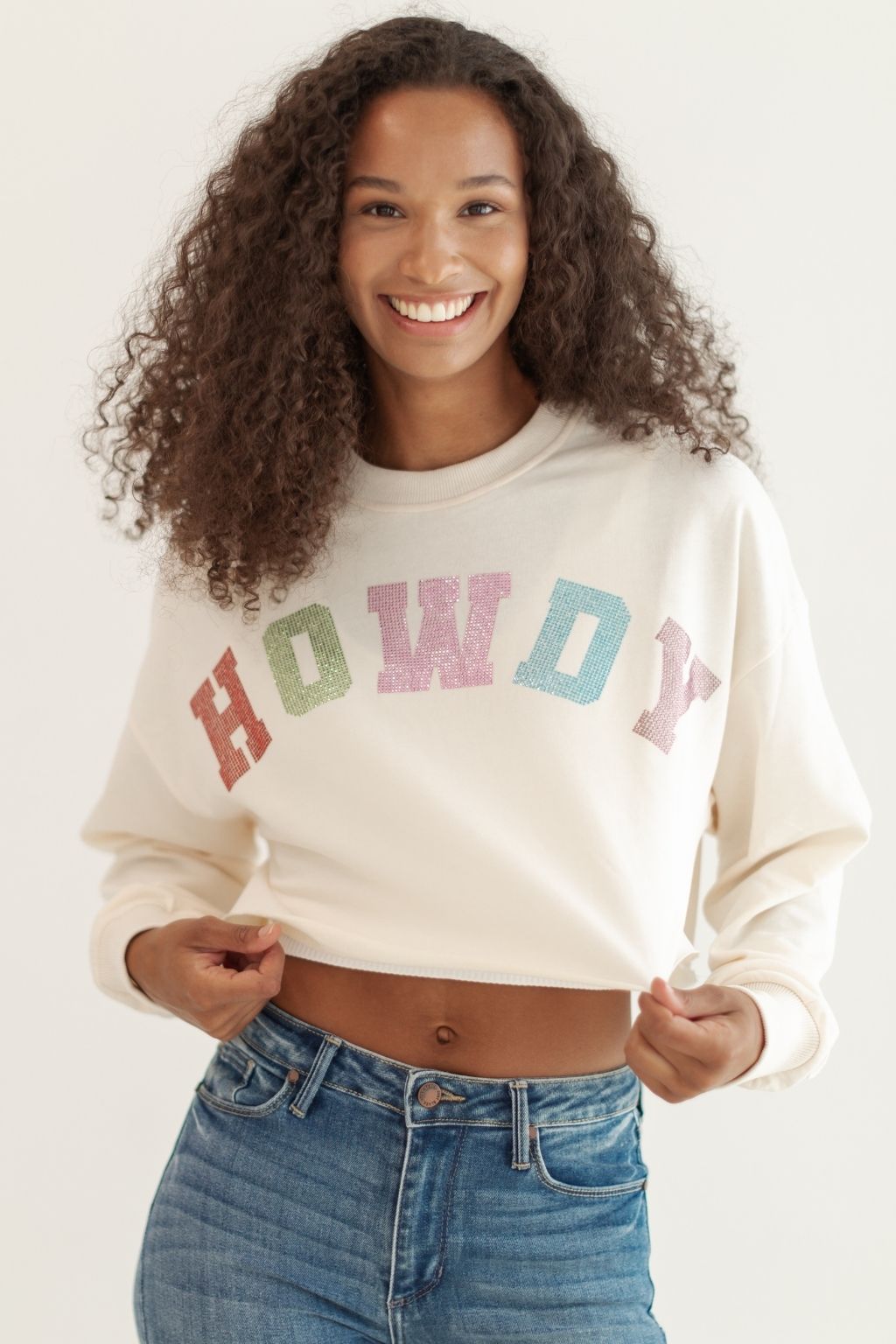 Howdy Bling Crop Sweatshirt Ivory