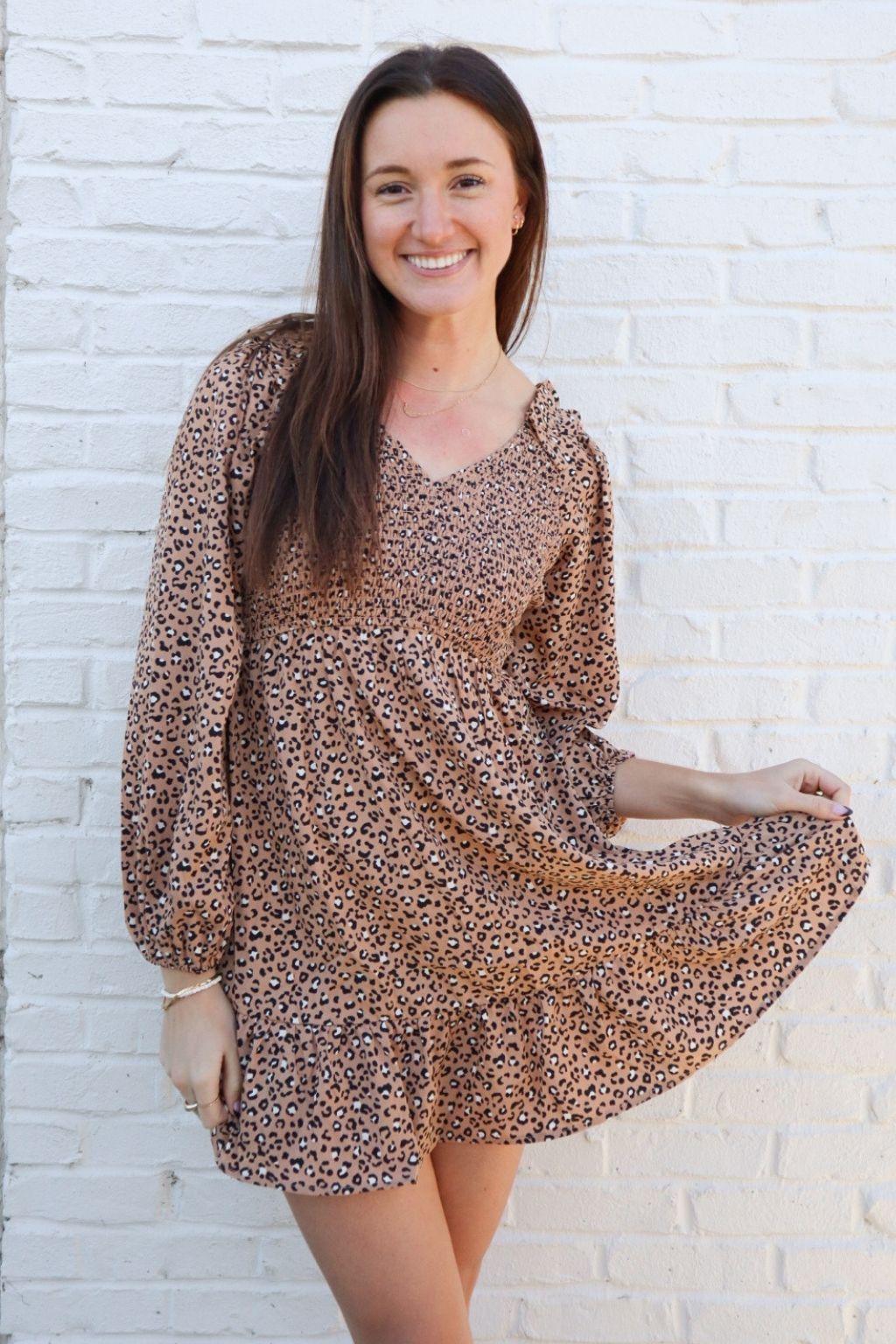 Frill Smocked Leopard Print Dress