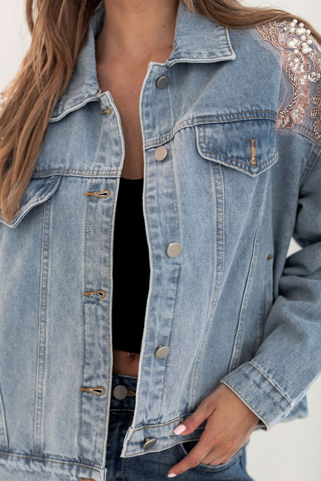 Lace Shoulder Detail Denim Jacket