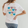 short sleeve unisex graphic t-shirt in white with candy hearts nashville design on back