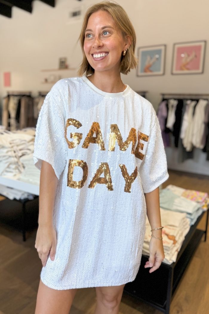 sequin short sleeve game day dress top white 