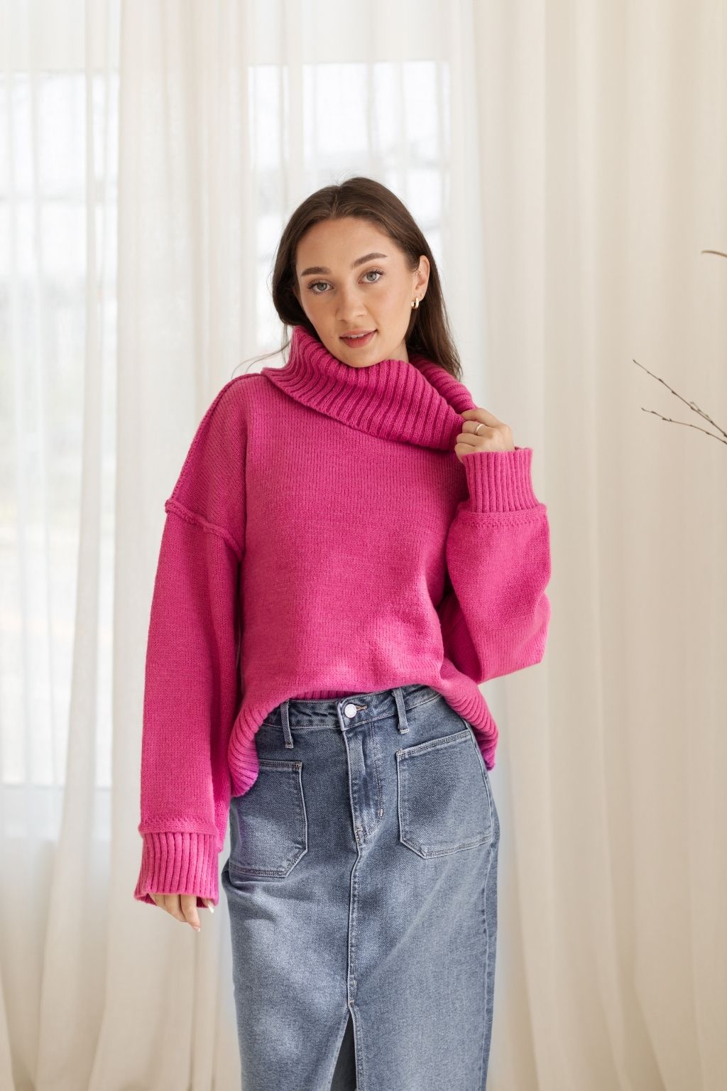 Turtleneck Raw Seam Cozy Sweater Pink