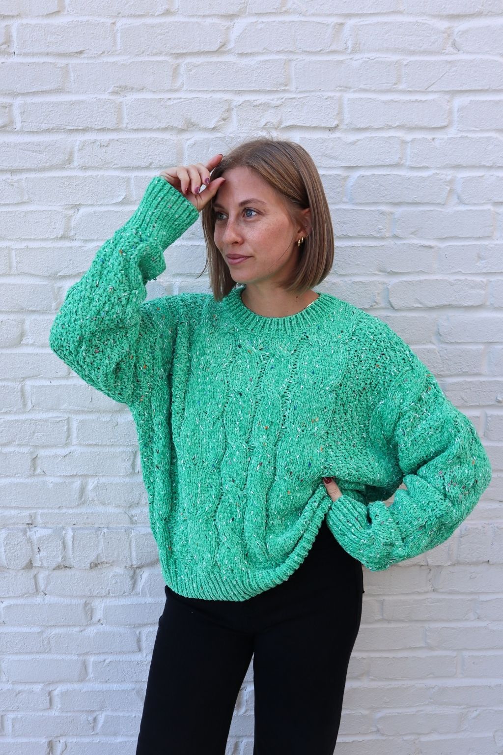 Cable Knit Speckle Sweater Green