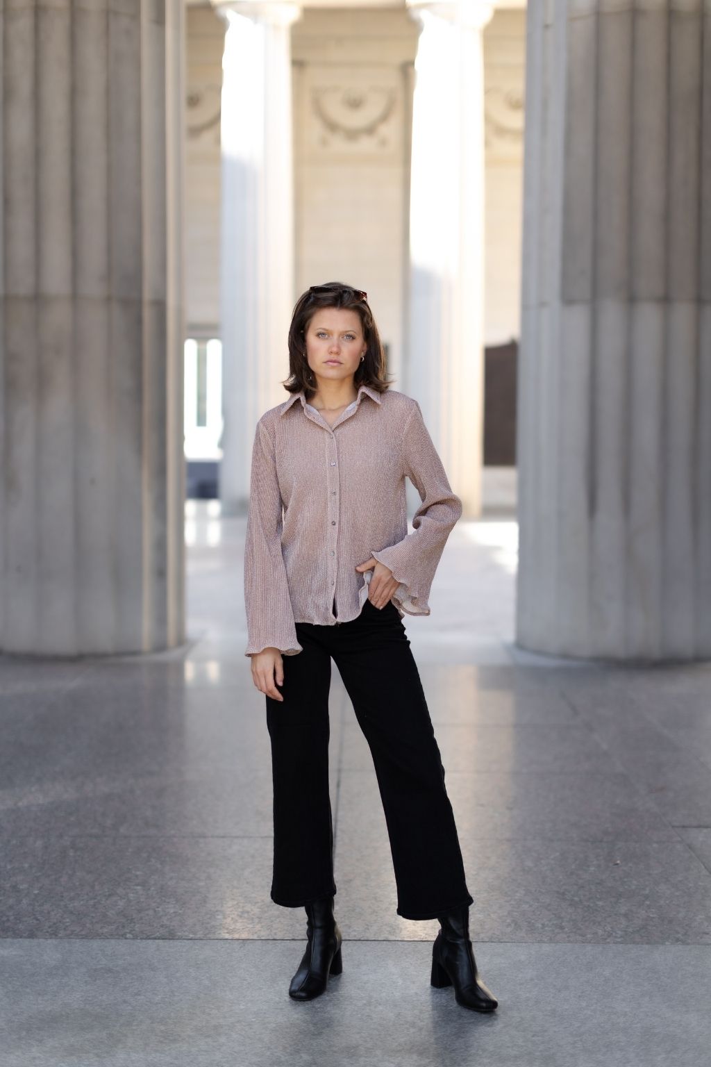 Metallic Button Down Top Taupe