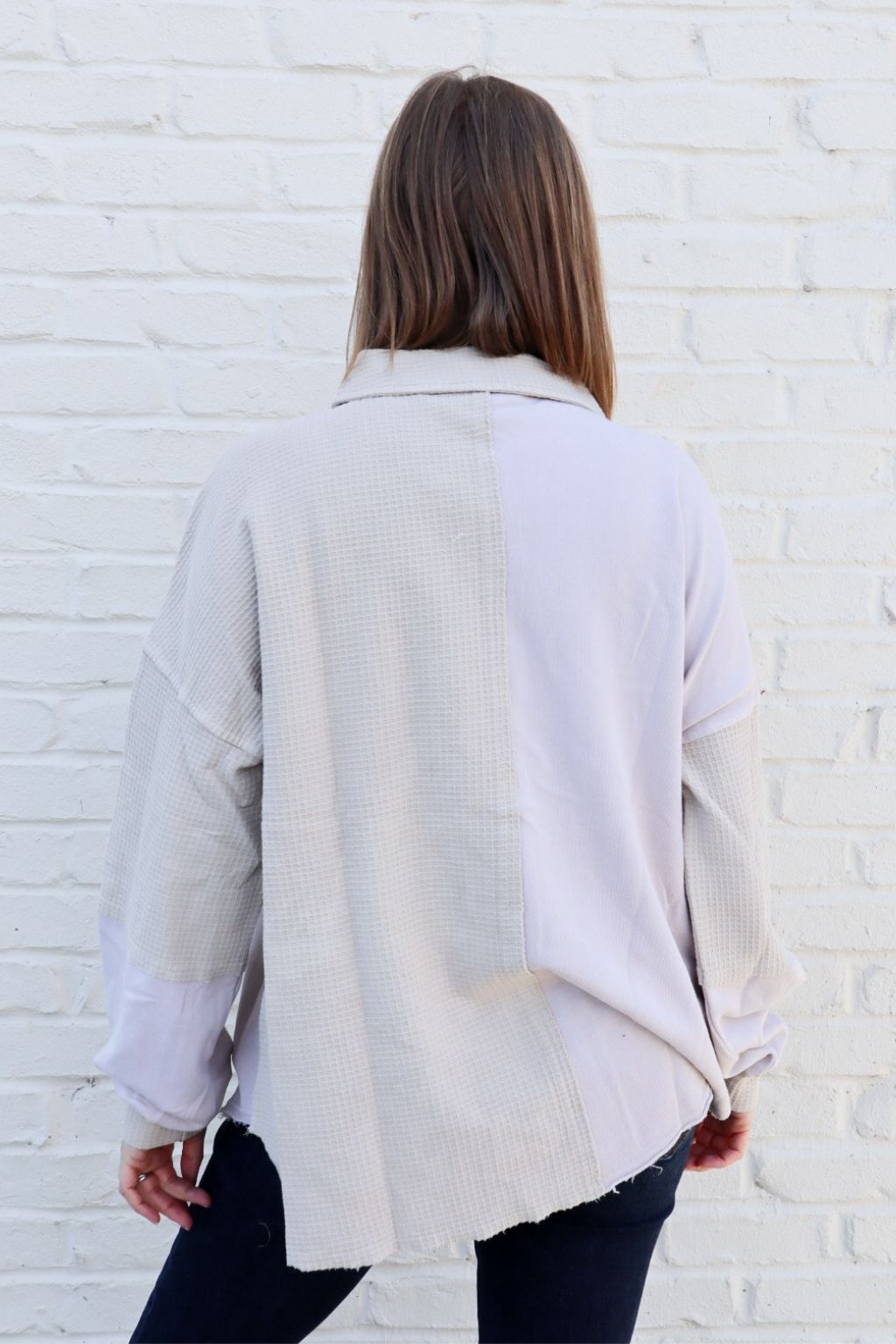 Waffle Knit Mixed Media Button Up Beige