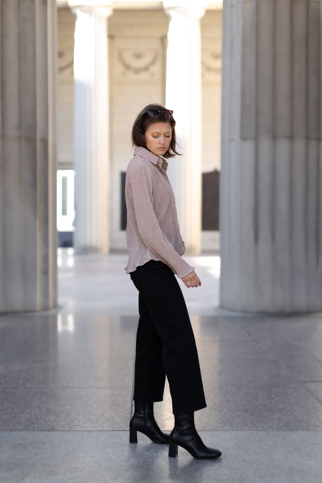 Metallic Button Down Top Taupe