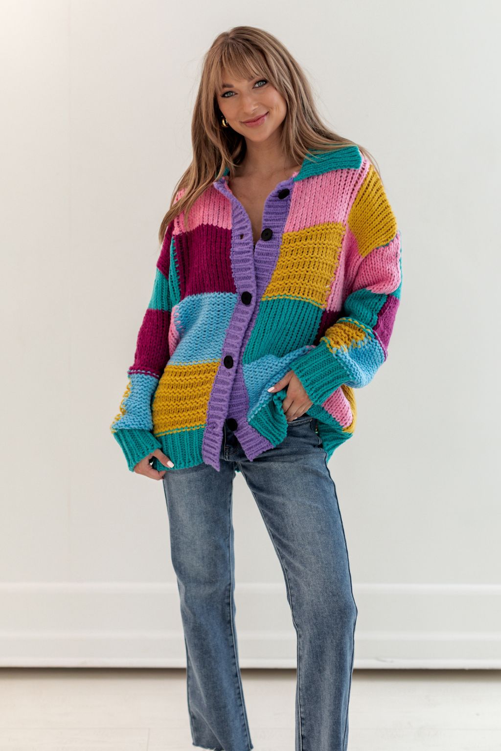Multicolor Patchwork Collared Button Up Cardigan