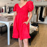cherry red puff sleeve dress with sweetheart neckline and ruched back, plus side pockets