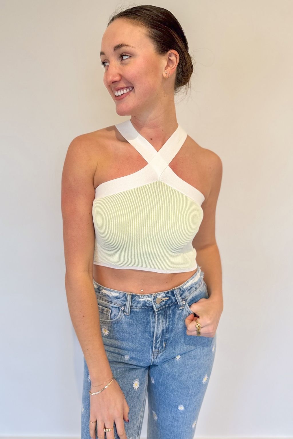 Ribbed Two-Tone X Halter Top Green