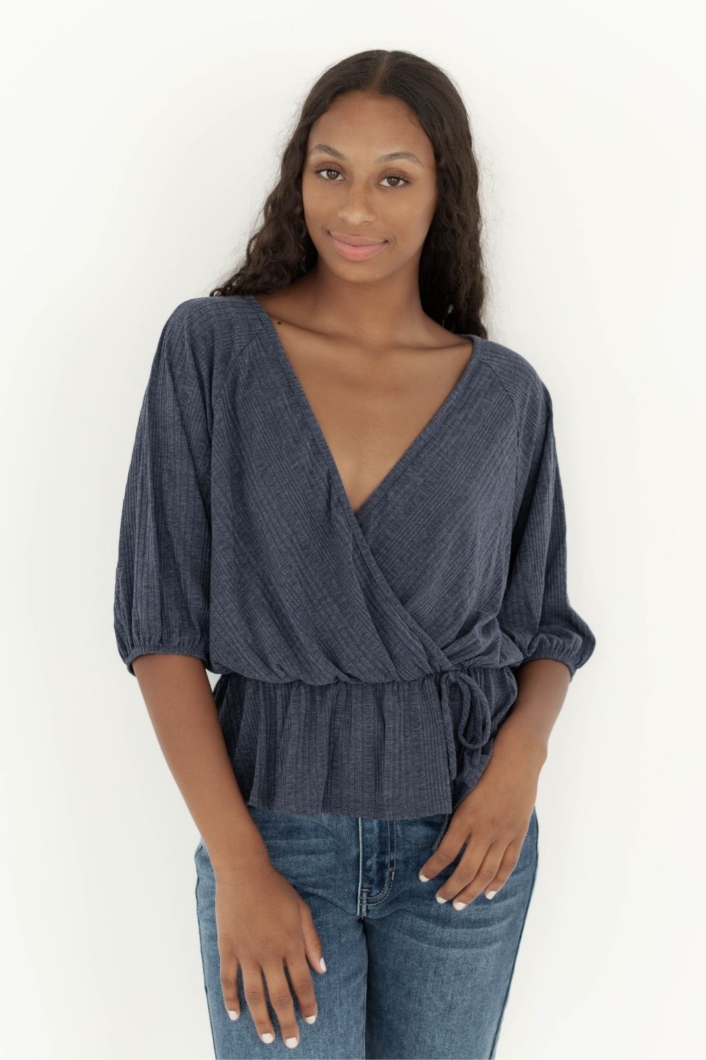 V-Neck Peplum Top with Front Crossover Navy
