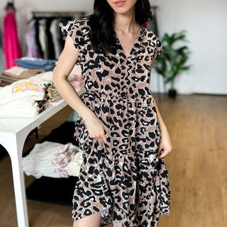 v-neck short sleeve tiered leopard animal print midi dress