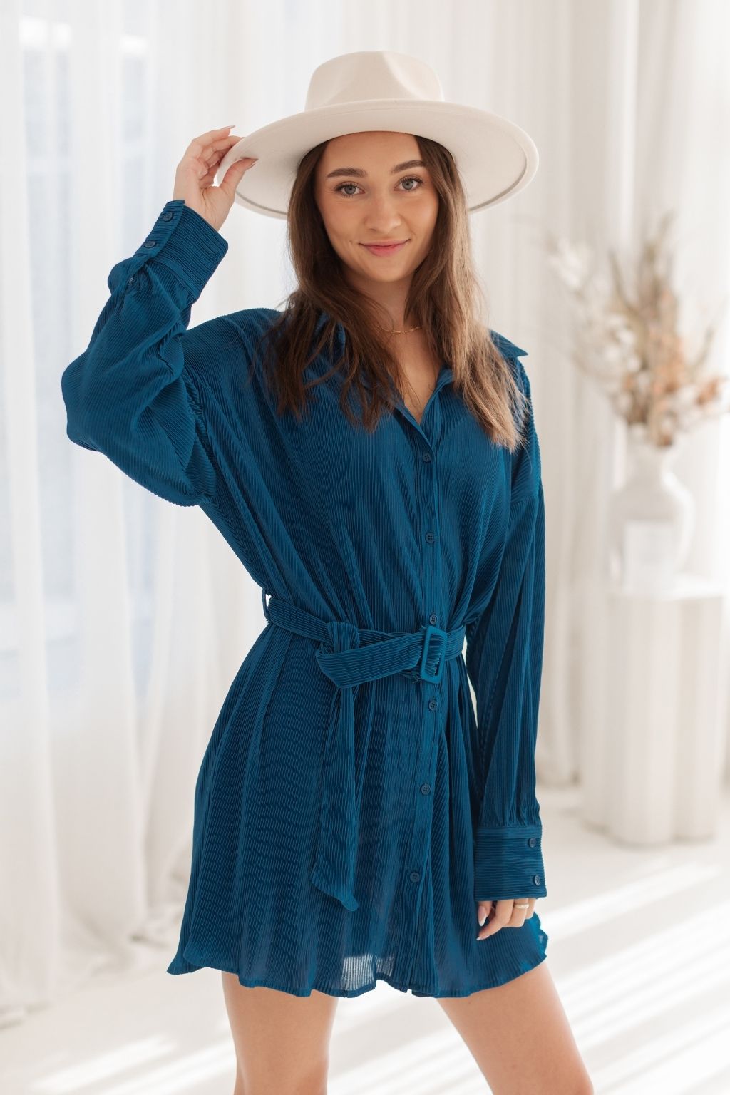 Pleated Belted Shirt Dress