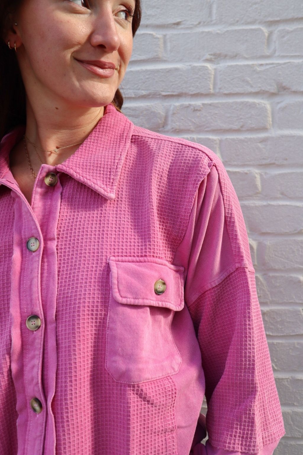 Waffle Knit Mixed Media Button Up Pink