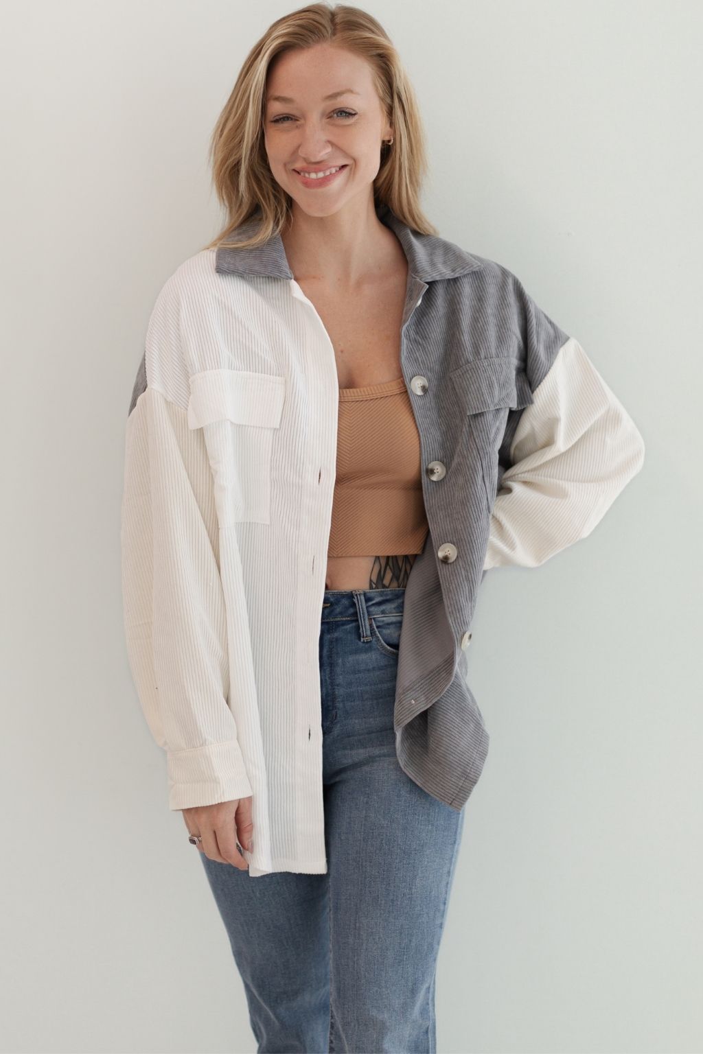 Corded Colorblock Shacket Gray