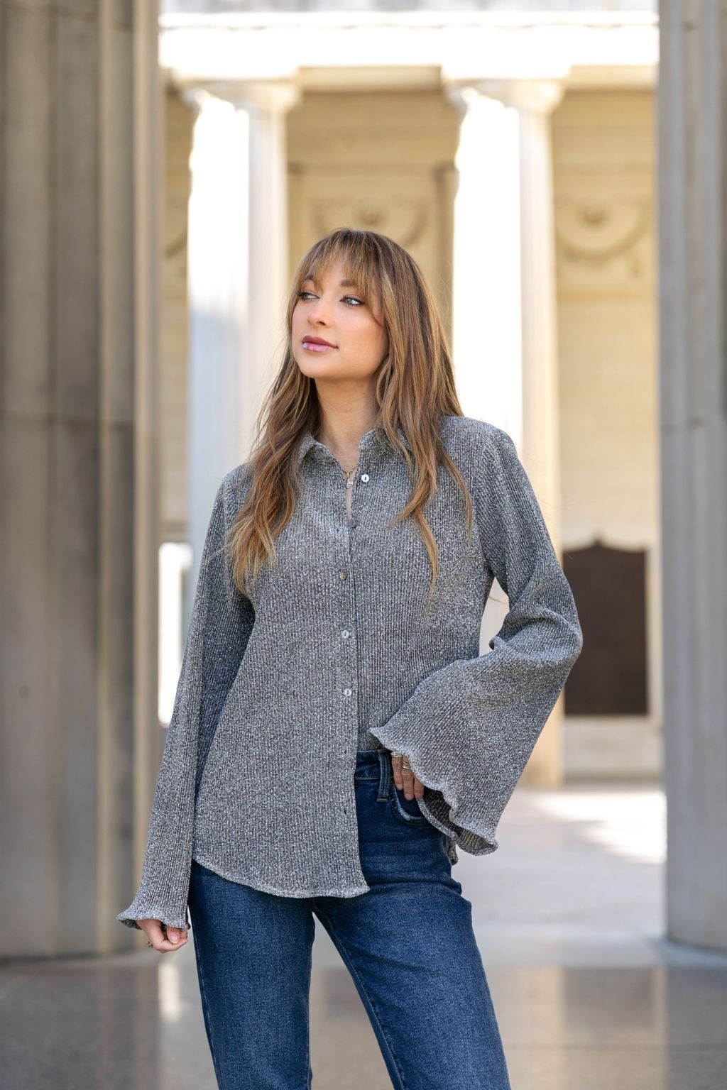 Metallic Button Down Top Silver