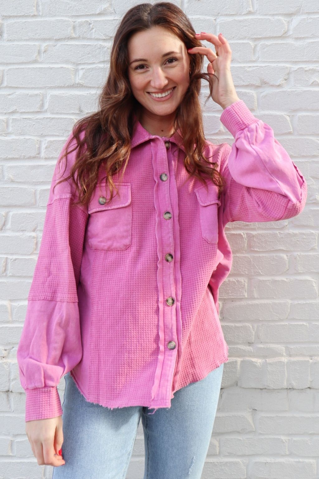 Waffle Knit Mixed Media Button Up Pink