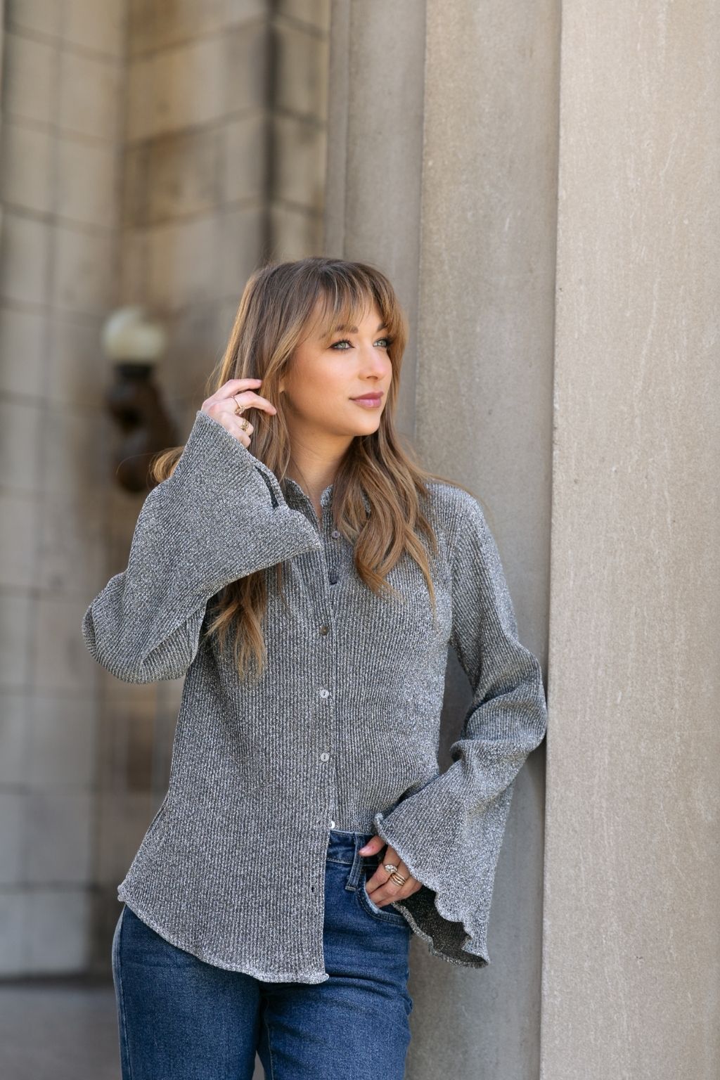 Metallic Button Down Top Silver