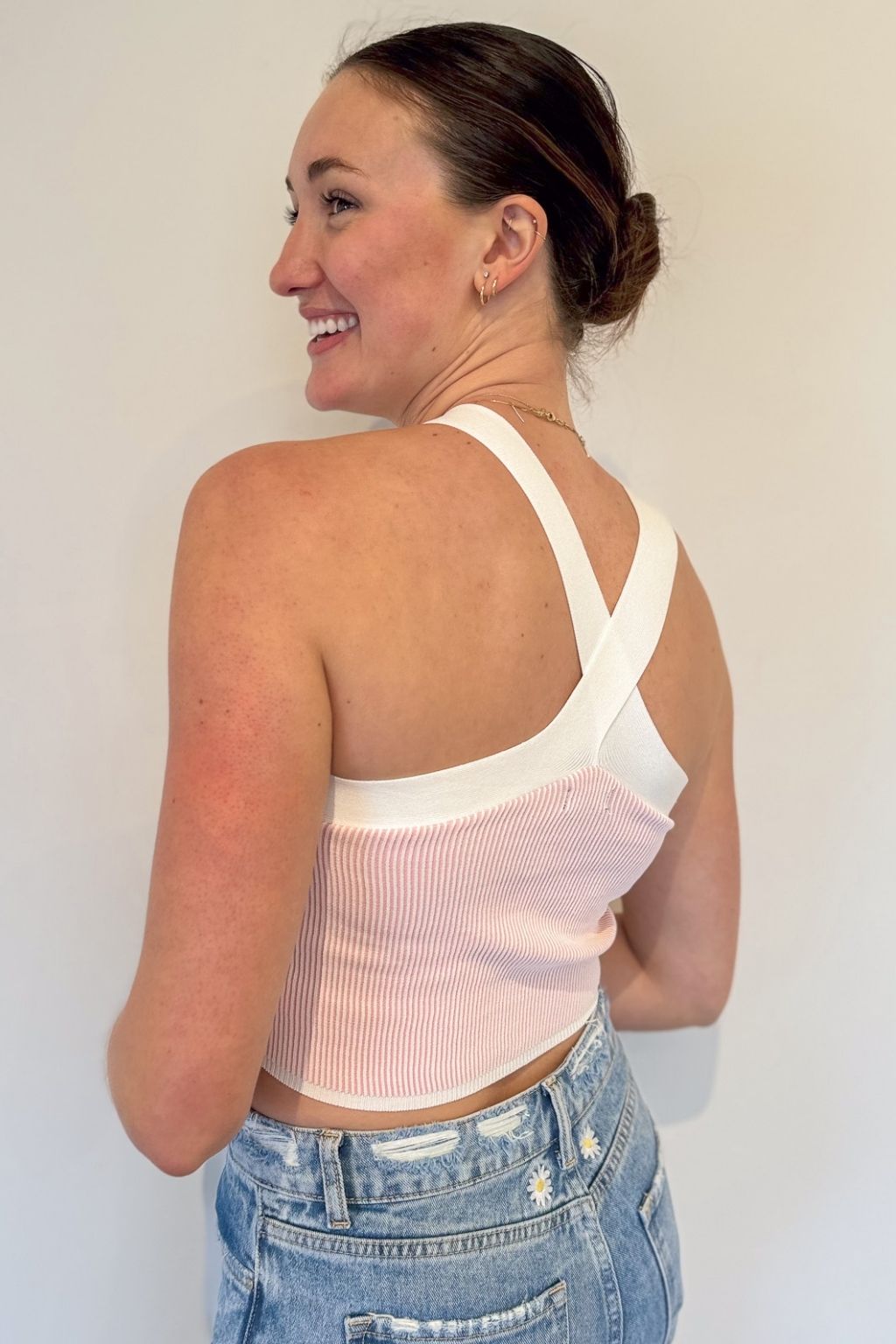 Ribbed Two-Tone X Halter Top Pink