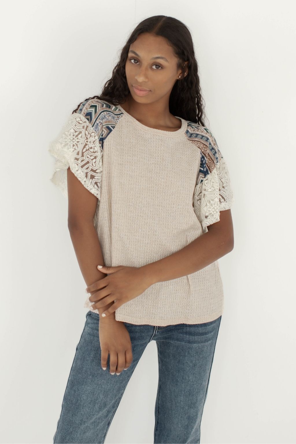 Short Sleeve Boho Shoulder Print Top with Crochet Sleeves