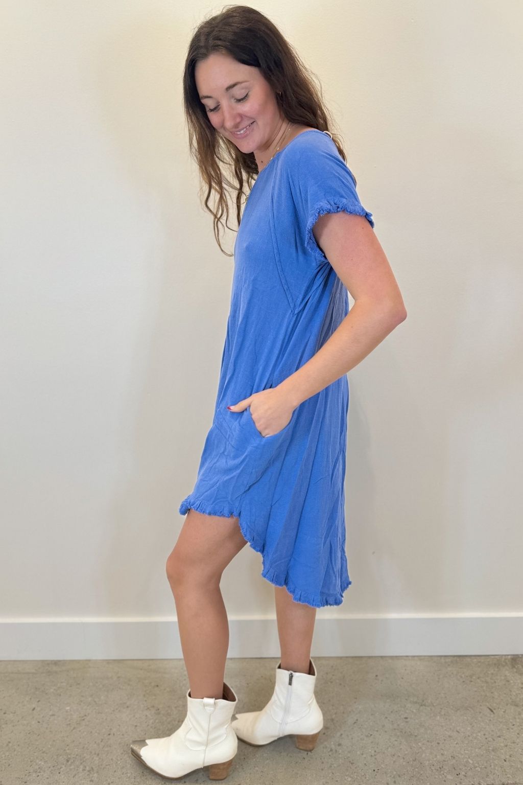 Fringe Trim Linen Dress Light Blue