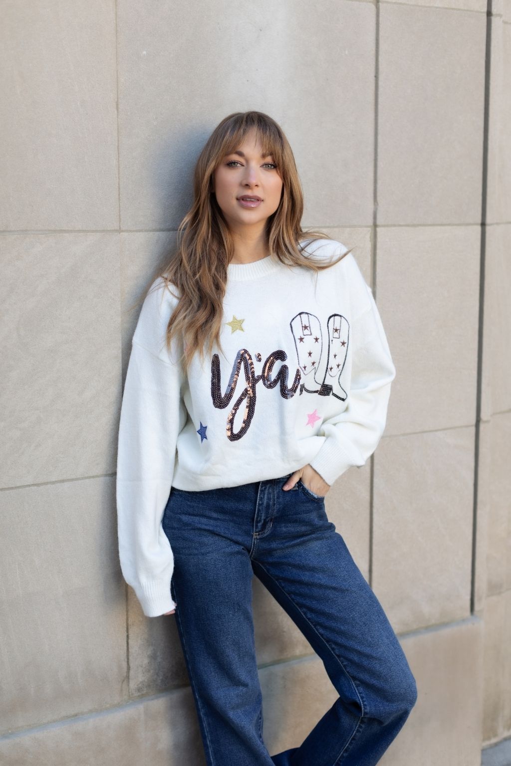 Sequin Embellished Y'all Graphic Sweater