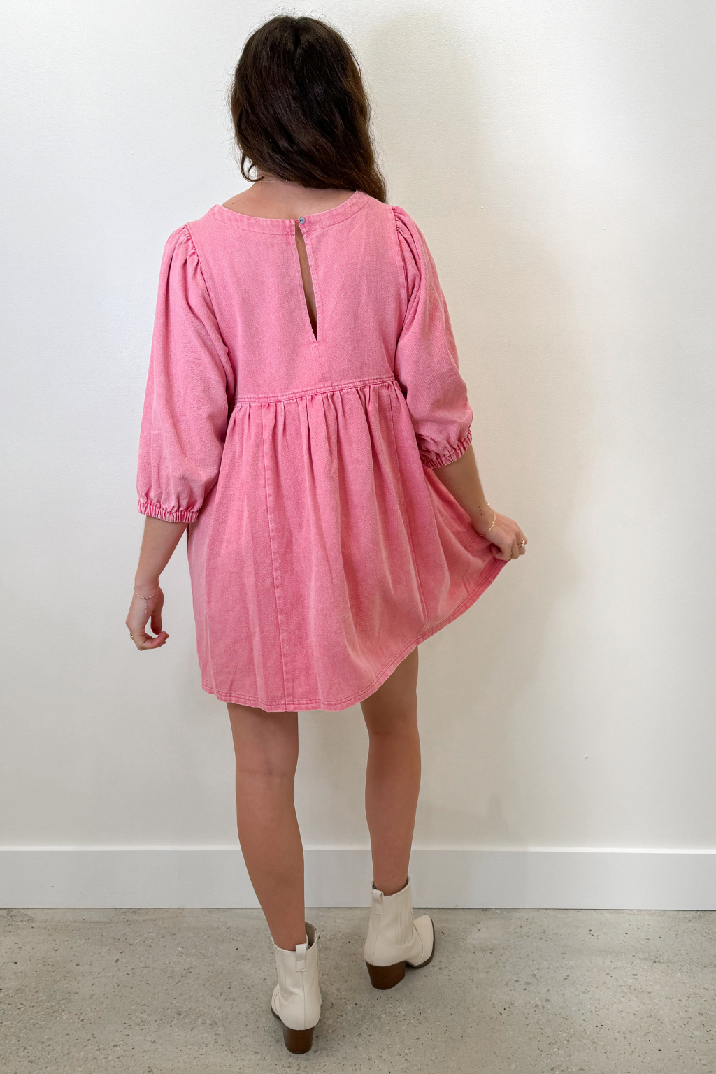 Mineral Wash 3/4 Sleeve Babydoll Dress Pink