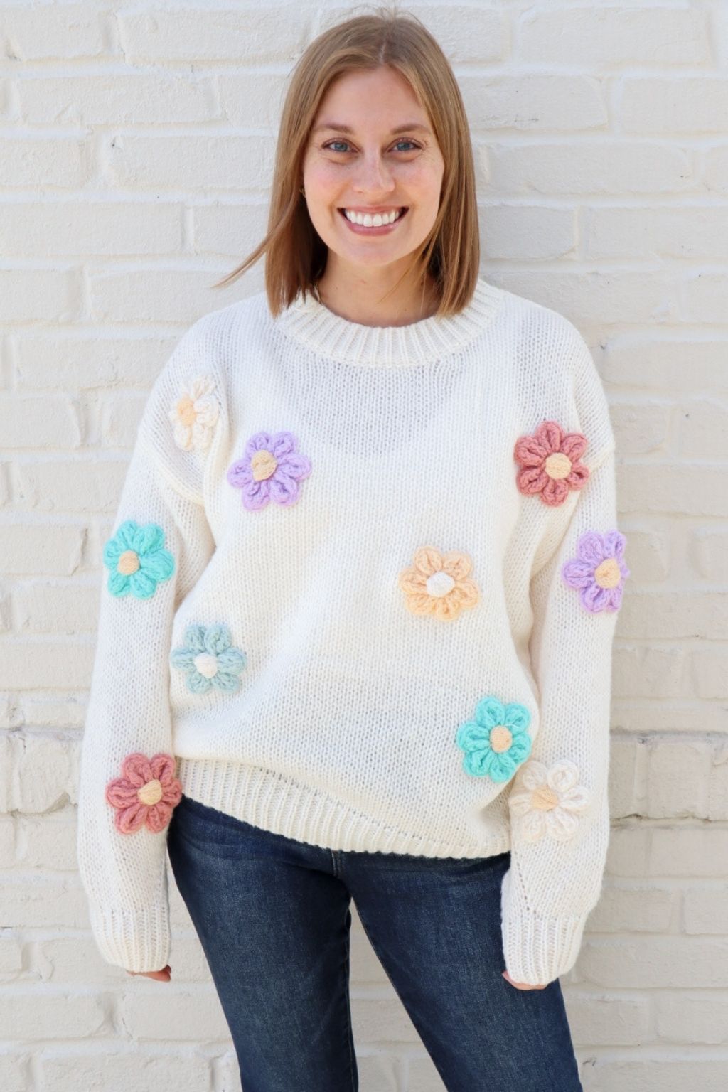Crew Neck Sweater with Flower Detail Ivory