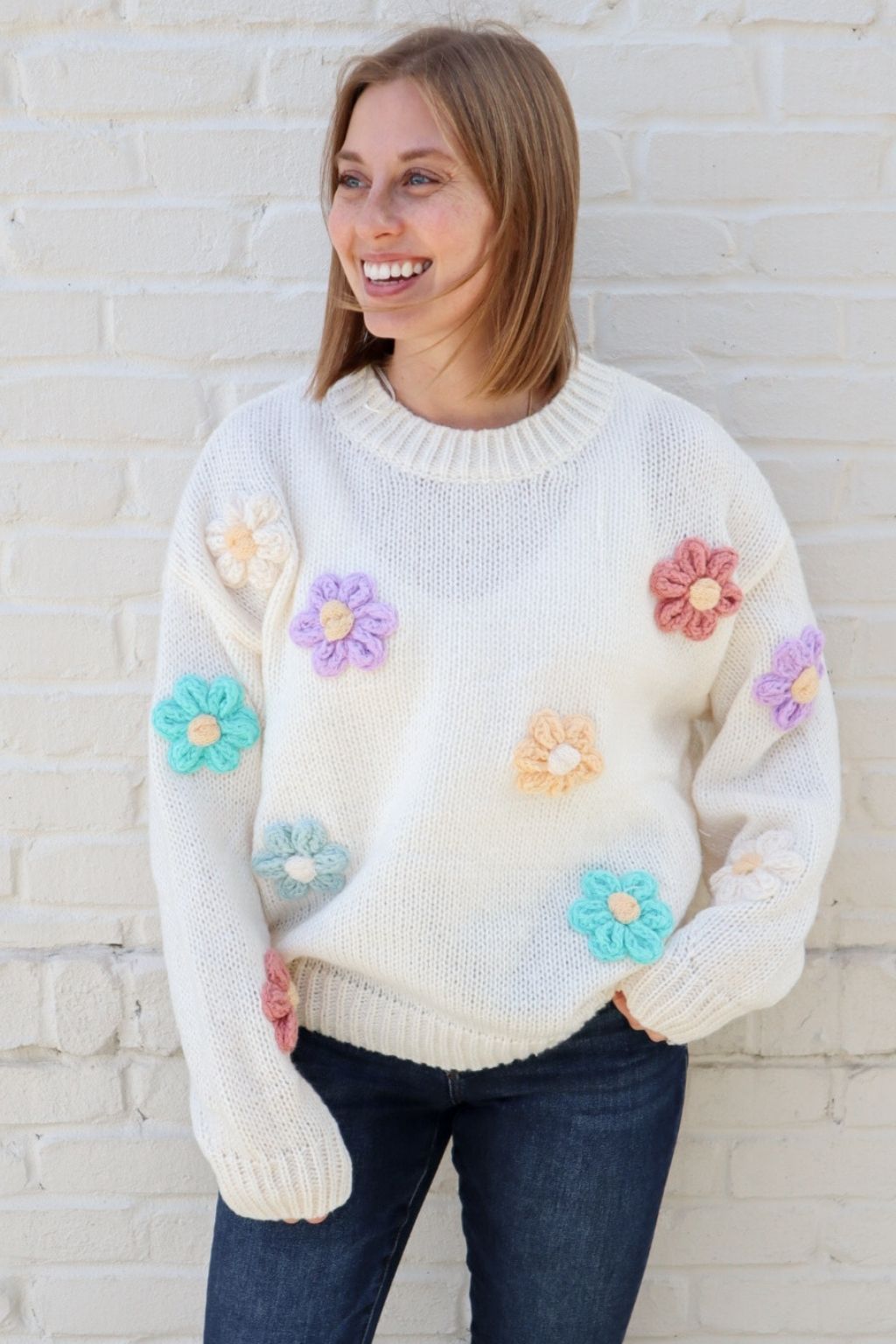 Crew Neck Sweater with Flower Detail Ivory