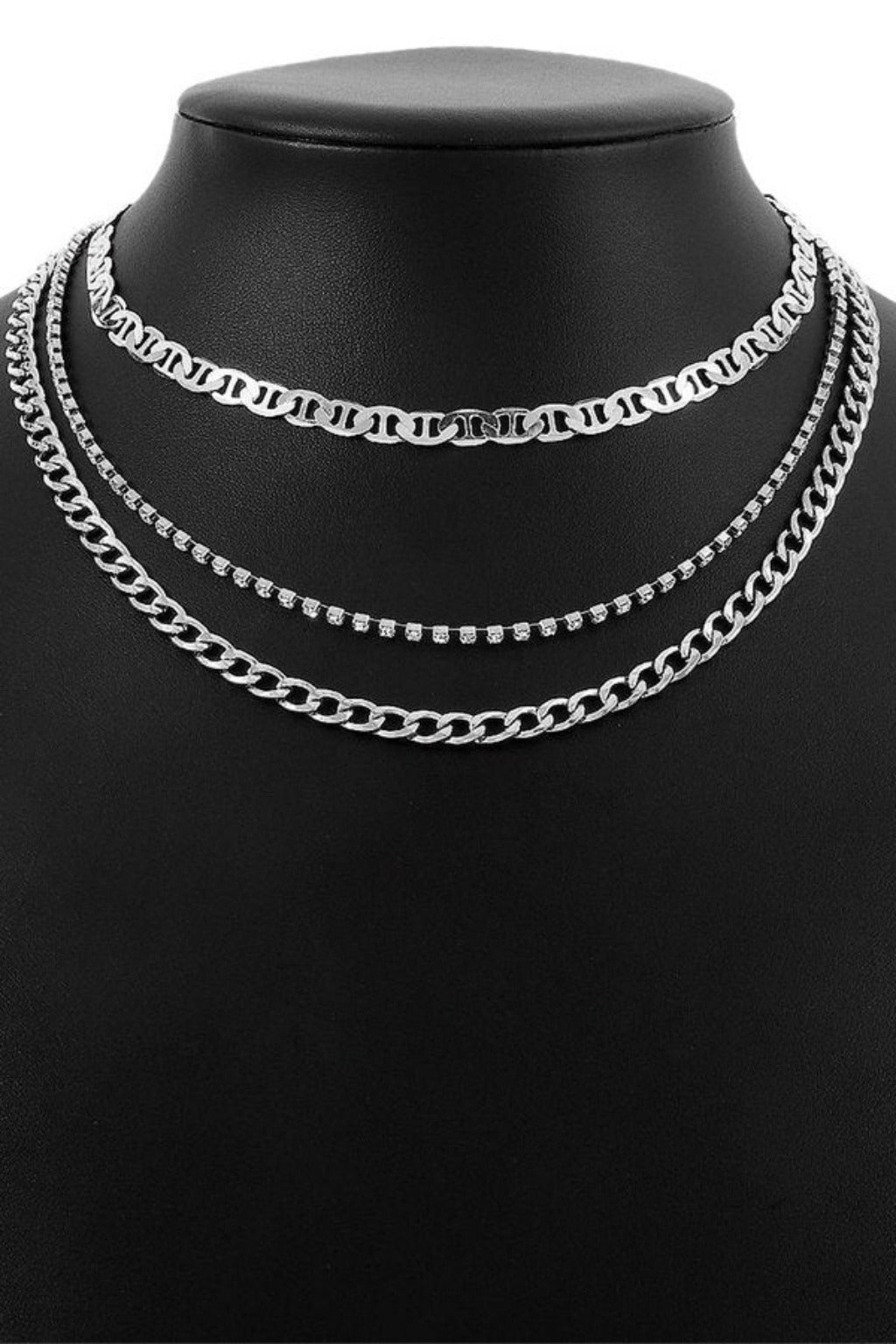CZ and Mix Chain 3 Layer Necklace Silver