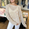 natural tan oat color lightweight open knit sweater top with tan flower pattern on front and sleeves