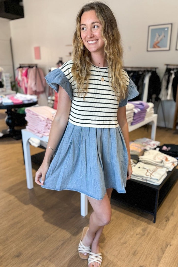 twofer flutter sleeve contrast material striped mini dress with striped fabric top, denim skirt and ruffle sleeve detail