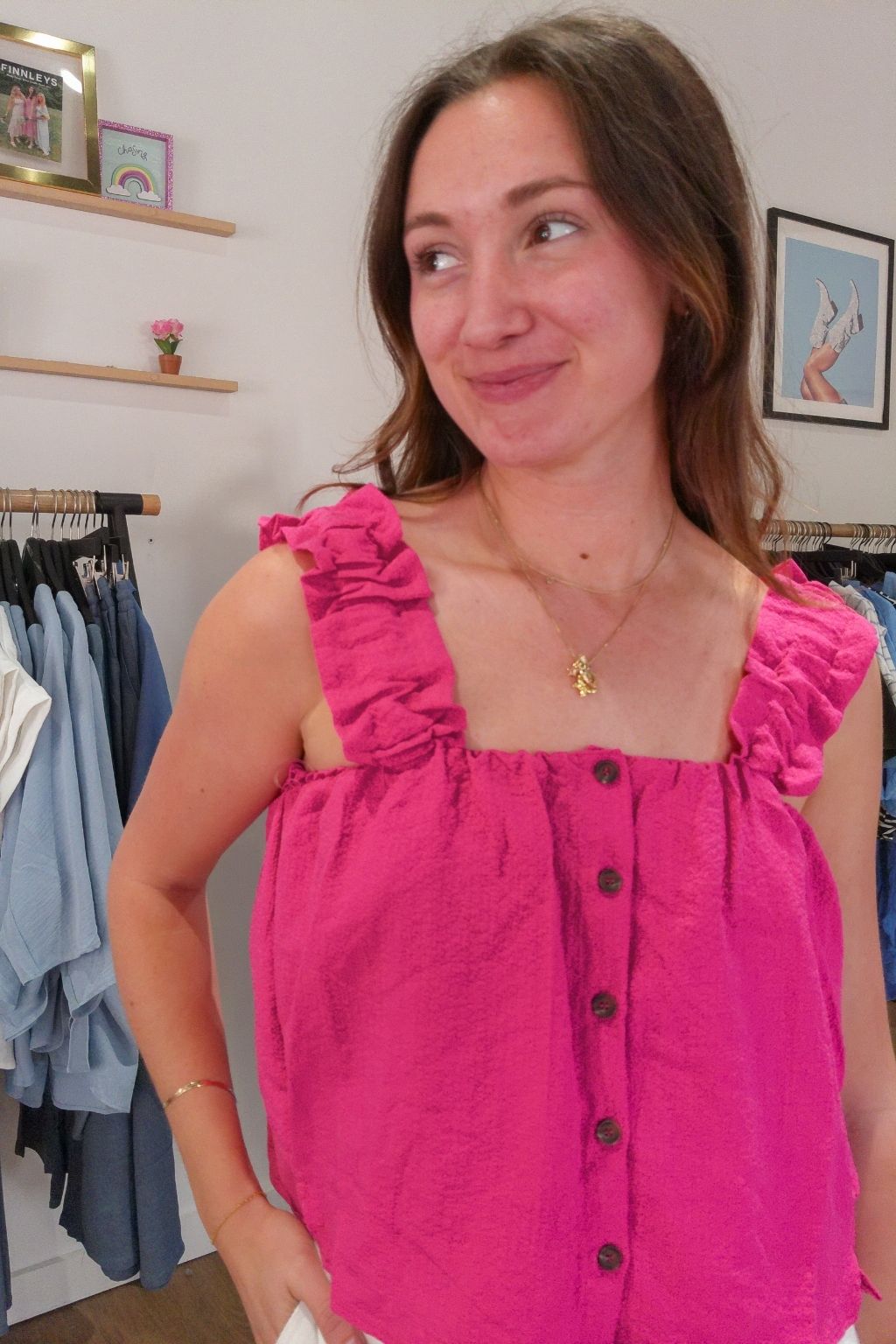 Crinkle Button Up Tank Top Magenta
