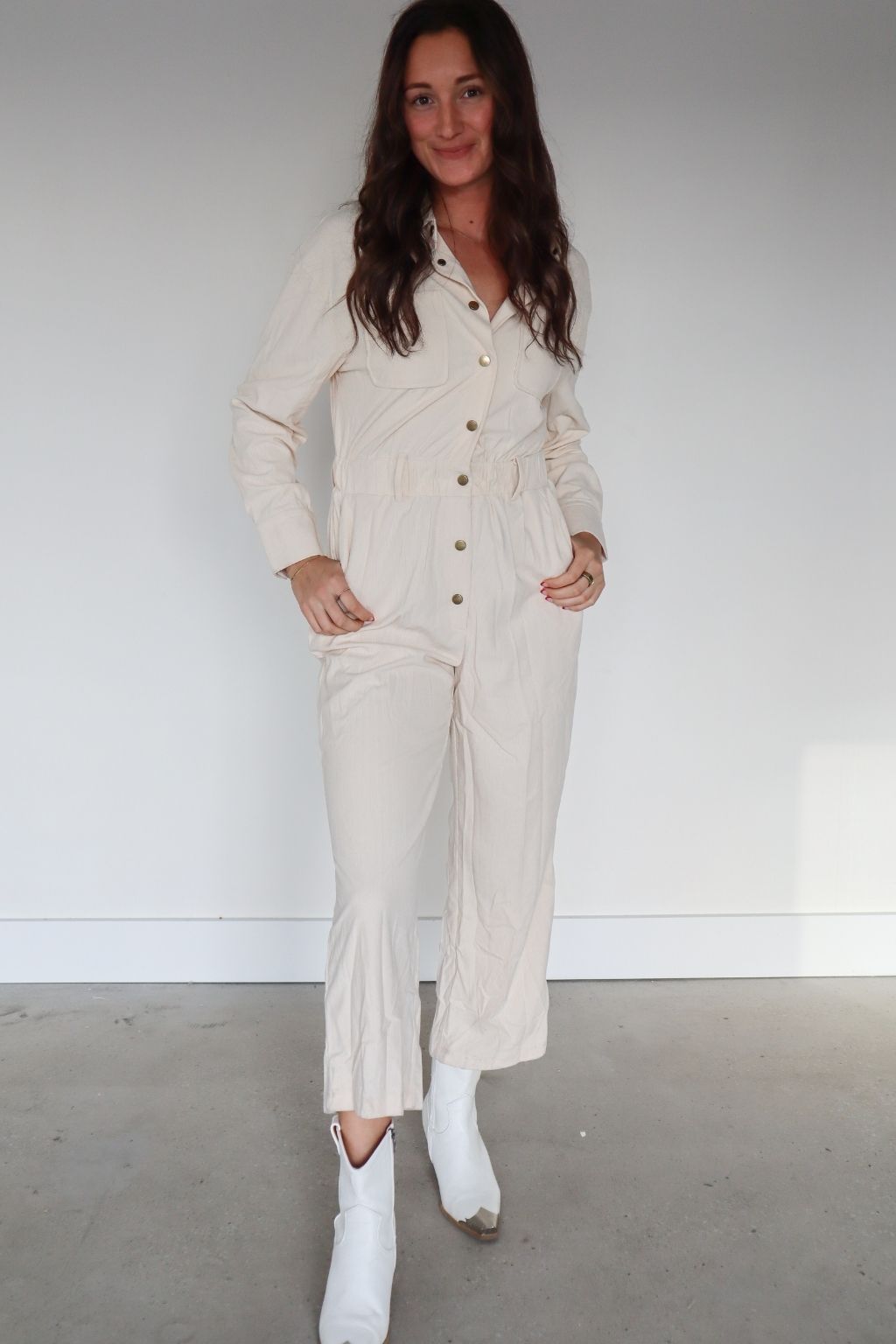 Long Sleeve Cord Button Down Jumpsuit