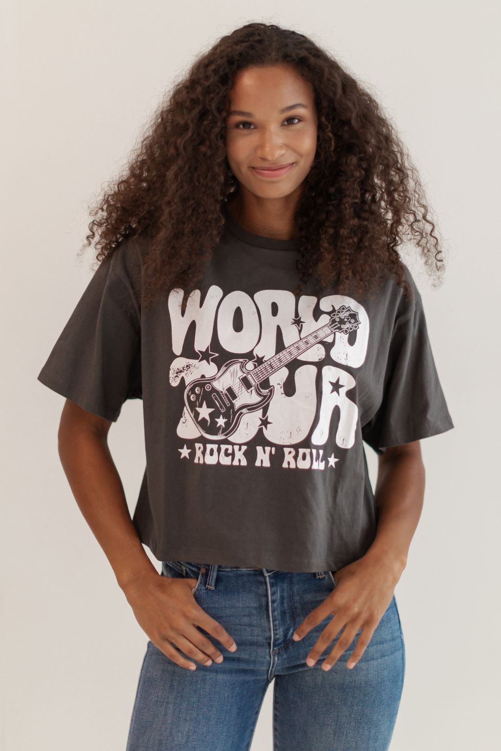Rock & Roll World Tour Cropped Tee Charcoal Gray
