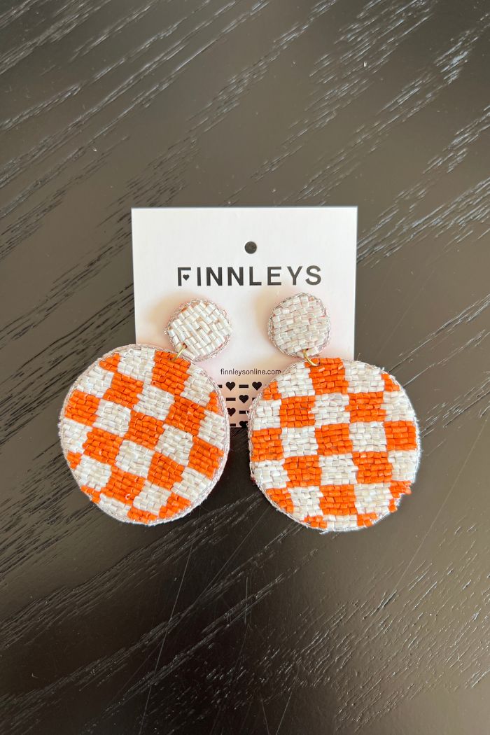 orange white beaded checkered drop earrings