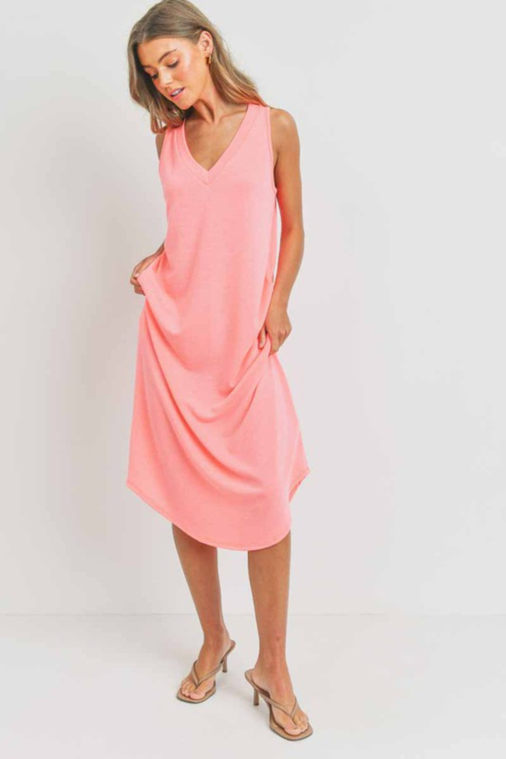 Sleeveless Vneck Terry Dress In Neon Pink