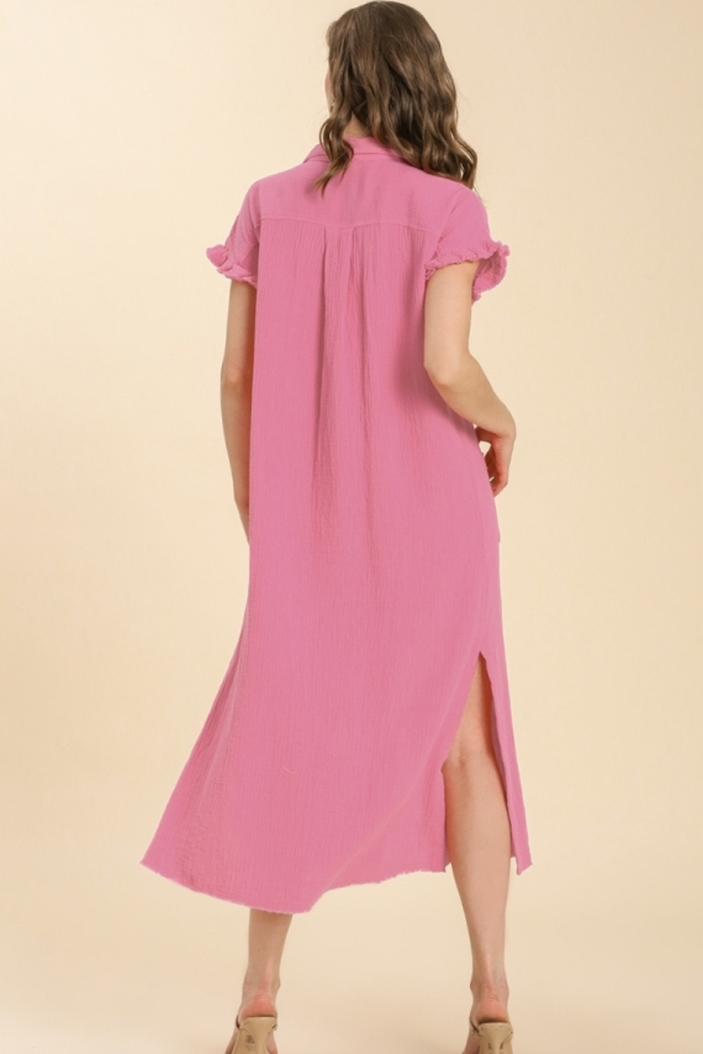 Collar Button Down Slit Linen Maxi Dress Pink
